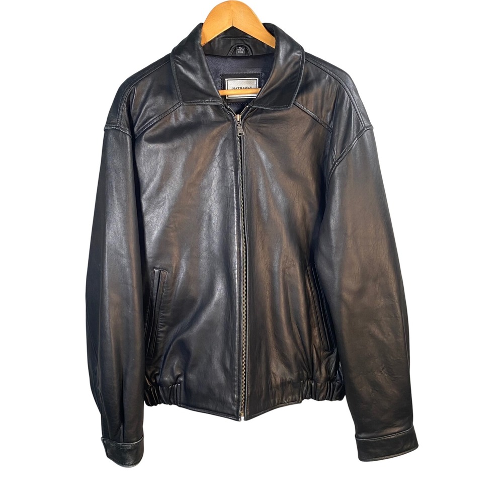 Hathaway Leather Bomber Jacket Mens XL Black Full Zip Classic Minimalist Moto
